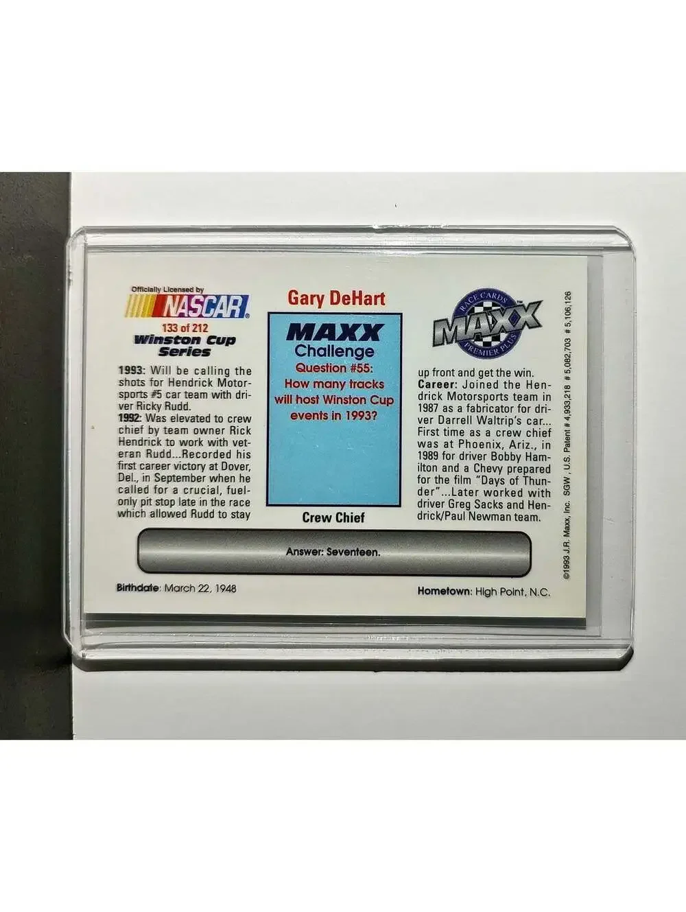 Gary DeHart 1993 Maxx Premier Plus Racing #133 NASCAR Card Hendrick Motorsports
